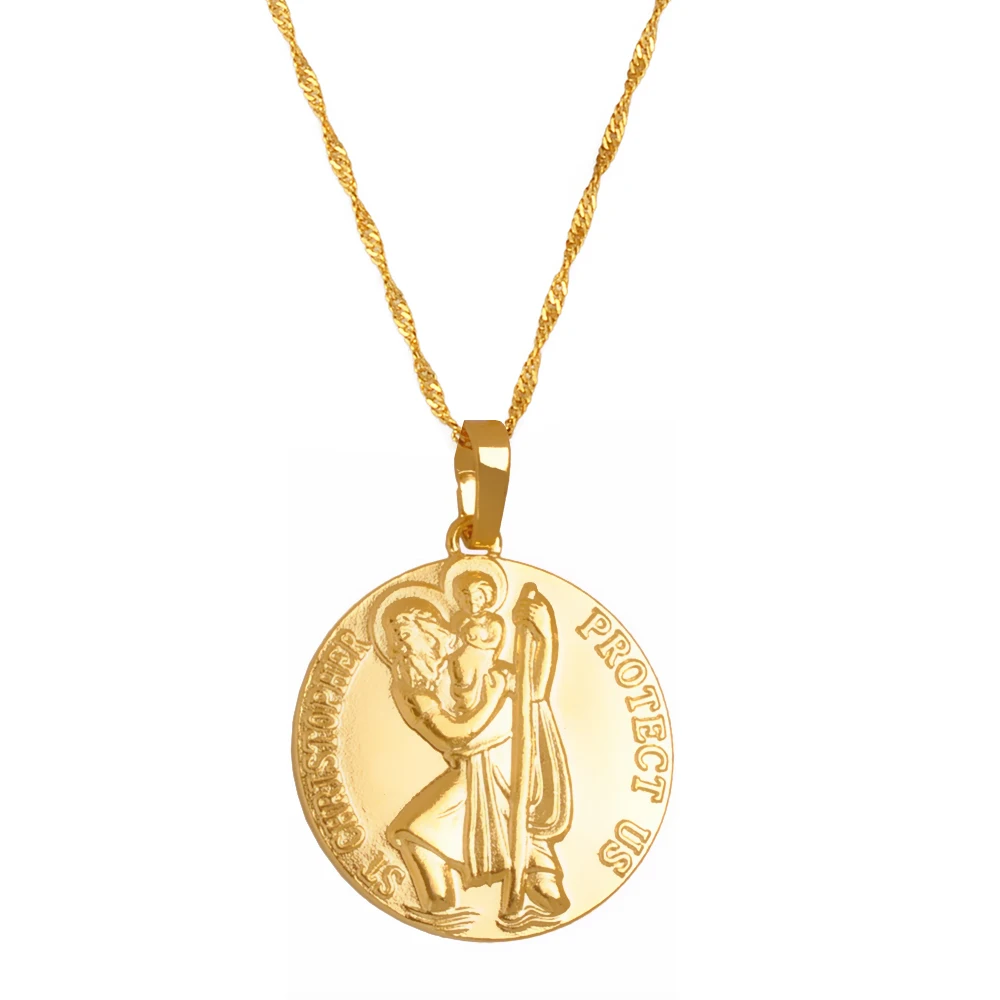 Anniyo St. Christopher Protect Me Necklaces for Women,Gold Color Saint Christophe Pendant Religious Jewelry @@058004