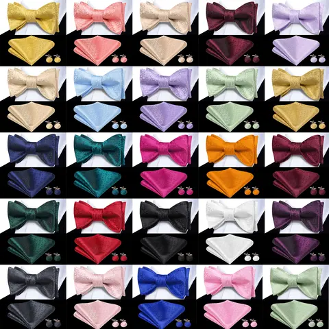 Beige Champagne Gold Silk Mens Bow Tie Hanky Cufflinks Set Jacquard Floral Self Butterfly Bowtie for Male Wedding Business