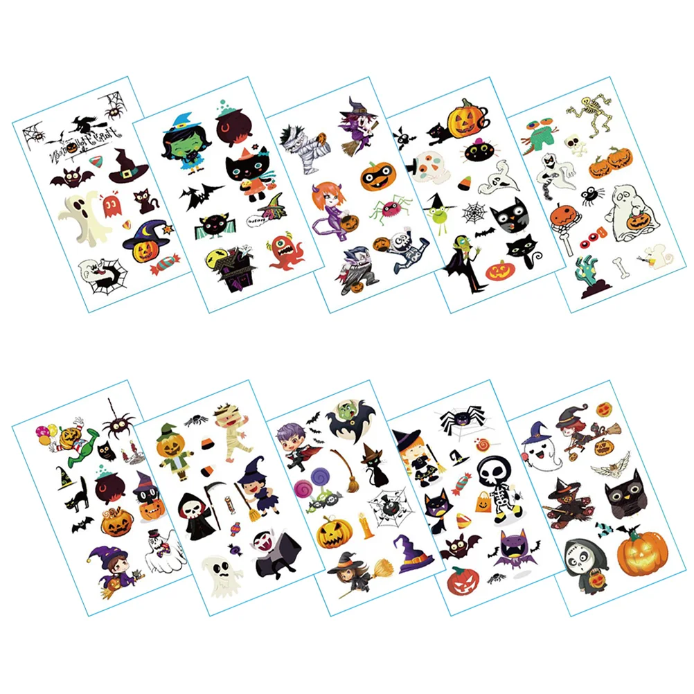 

10 Sheets Halloween Tattoo Stickers Children's Cartoon Face Funny Festival Disposable 10pcs Temporary Tattoos for Pvc Fake