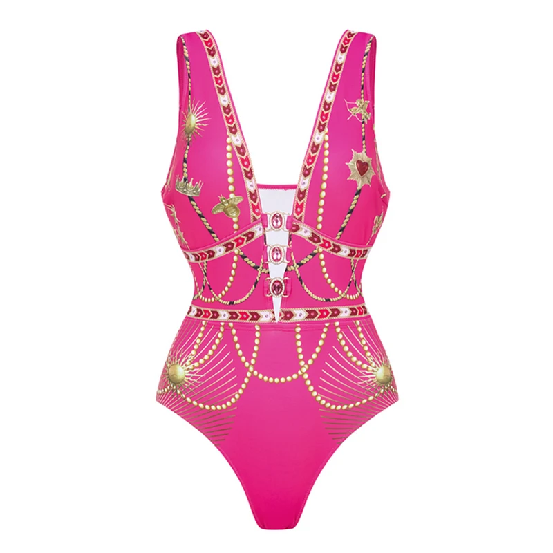 Traje de baño Sexy de una pieza con realce, traje de baño con estampado de patrones metálicos huecos, trajes de baño para mujer, Bikinis femeninos, mono adelgazante