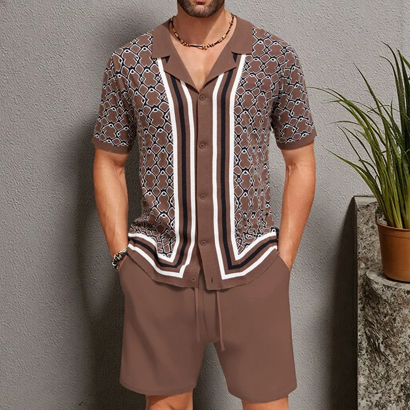 

New Leisure Men Jacquard Tracksuit Fashion Knit Patchwork Short Sleeve Cardigan Tops+Shorts 2 Piece Set Summer Streetwear M-3XL