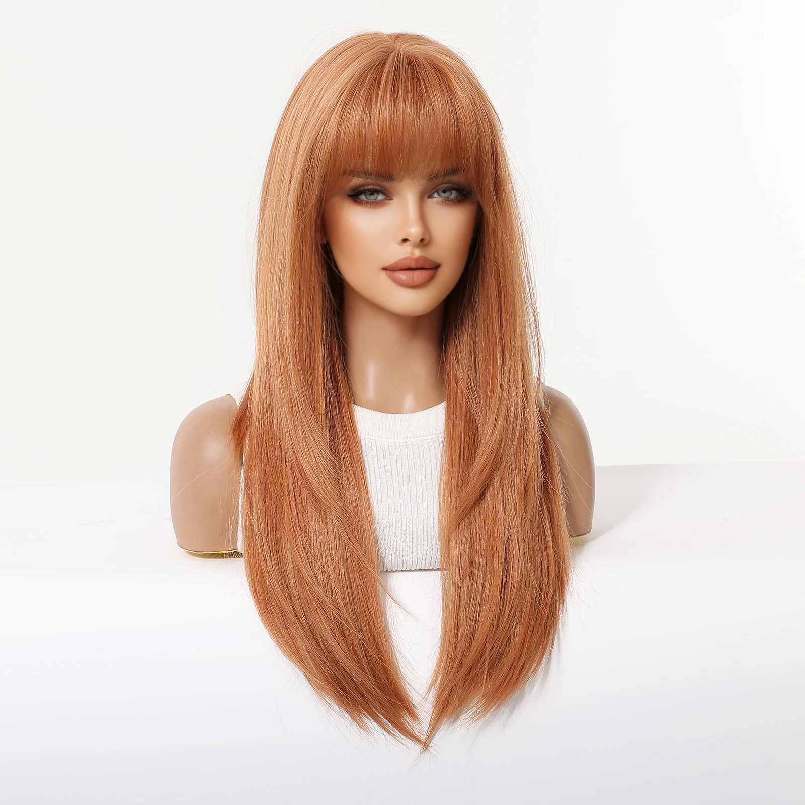 Long Orange Synthetic Wigs with Bangs for Women Colorful Party Copper Ginger Cosplay Christmas Wigs Heat Resistant Natural Hair