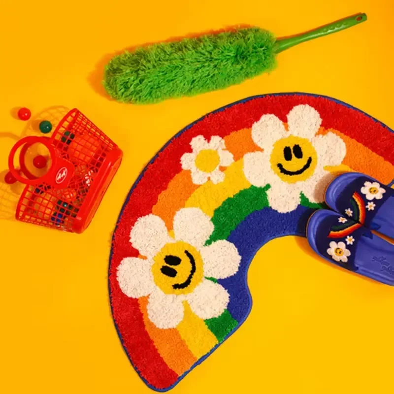 VIKAMA Cartoon-Regenbogen-Blumen-Teppich, weiche, rutschfeste Fußmatte für den Heimgebrauch, Badezimmermatte, Nachttisch-Teppich für Schlafzimmer, Heimdekoration