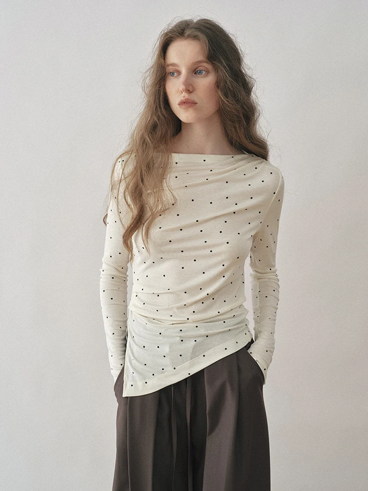 Popchrio Asymmetrical Polka Dot Long Sleeve T-Shirt Slim Fit Classic French Style Comfortable Breathable Women's Top