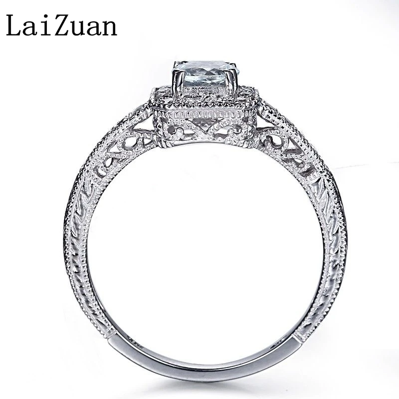 LaiZuan Genuine Round 4.5mm Aquamarine Ring Solid 18k White Gold Real Diamond Wedding Ring For Women Fine Jewelry Best Gift