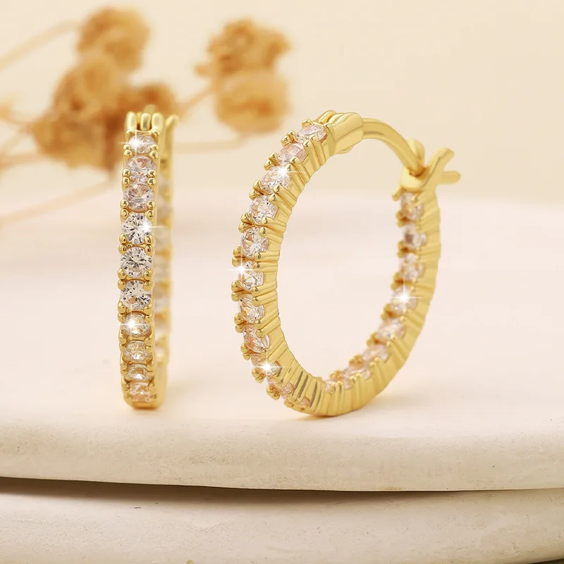 YAEA Women 14K Gold Plated Cubic Zirconia Hoop Earrings with Sterling Silver Post Hoop Lady Elegant Inside Out CZ Stone Earrings