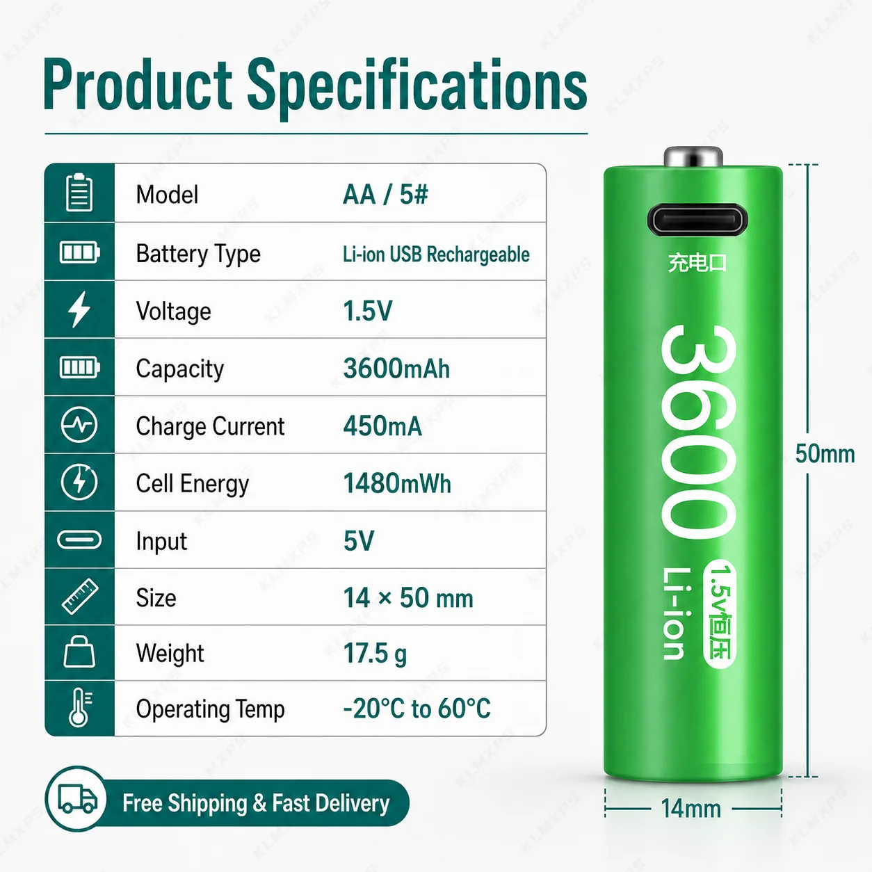 AA 3600mAh Rechargeable Lithium Battery 1.5V Constant Voltage High Capacity Type C Fast Charging Fingerprint Lock Microphone Toy