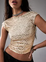 DSMTRC Woman Sexy Clubwear Short Sleeve Gold Glitter Sequin Crop Top Summer Backless Basic Solid Y2k Shine T-shirts