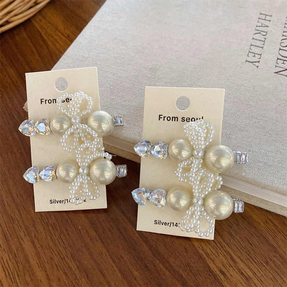 2 Stücke Sanfte Perle Kristall Haarnadel Fee Stil Seitenclip Frauen Täglich Datum Kleid Haarschmuck Süße Haarschleifen für Mädchen – Detail 5