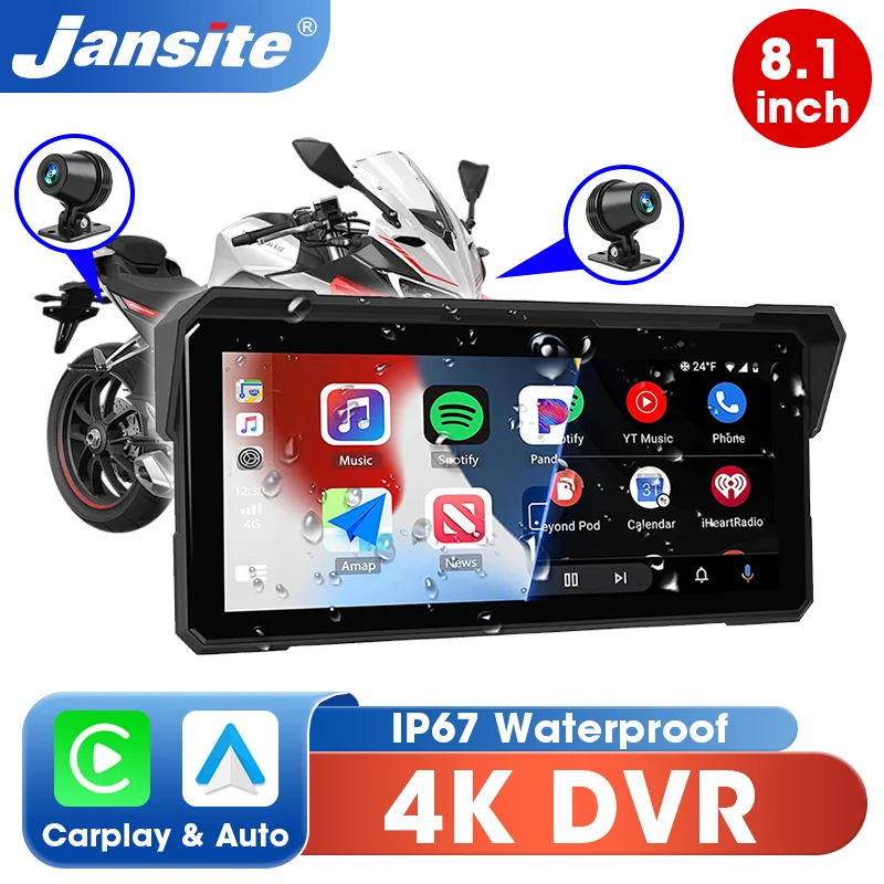 Jansite 5/8.1 inch Carplay Motorcycle DVR Display Screen GPS Navigation Android Auto IP67 Waterproof Easy to Install Universal