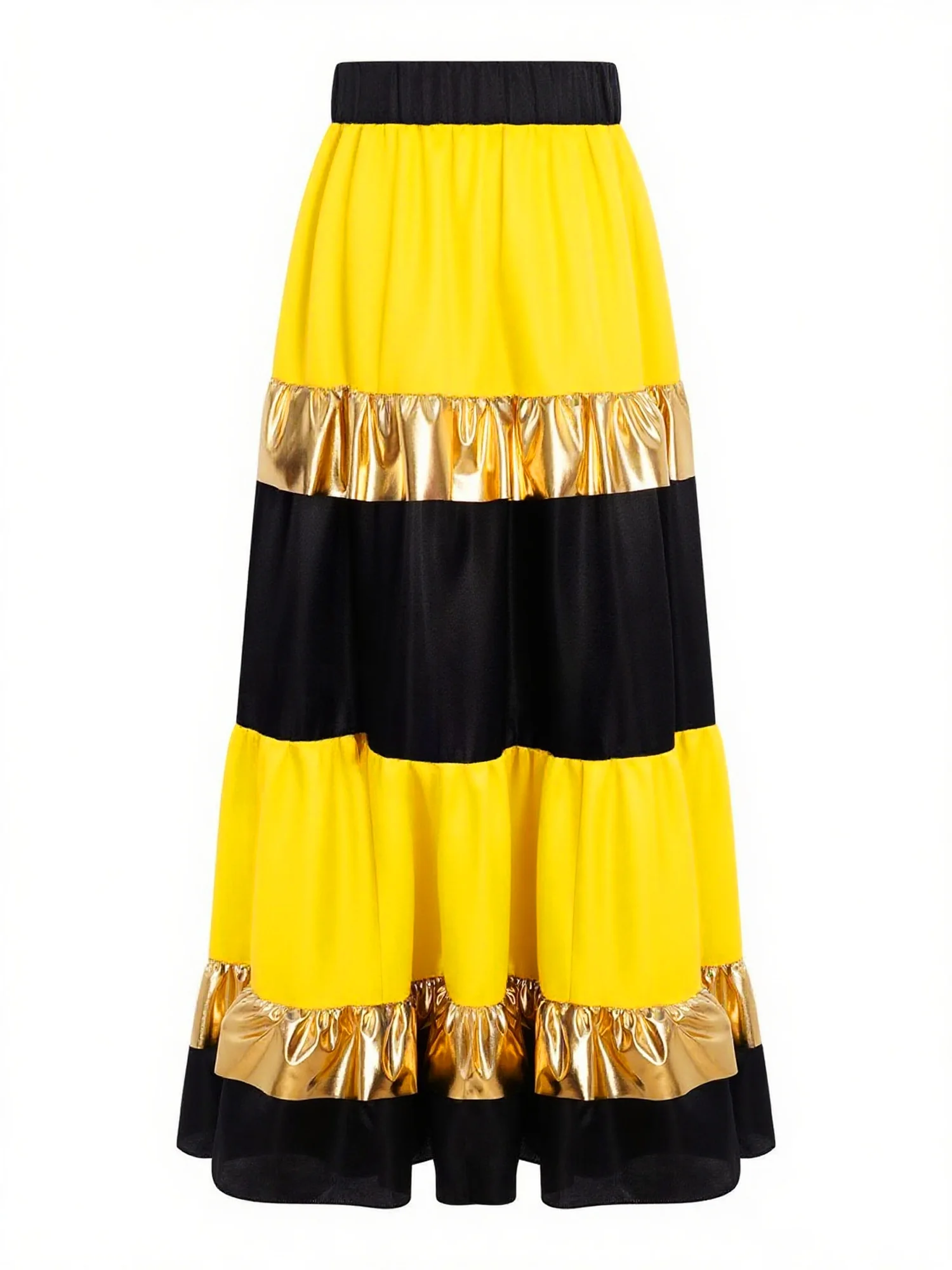 Kids Girls Tiered Ruffled Satiny Waltz Flamenco Spanish Big Swing Maxi Skirts Metallic Shiny Ballroom Dance Performance Costume