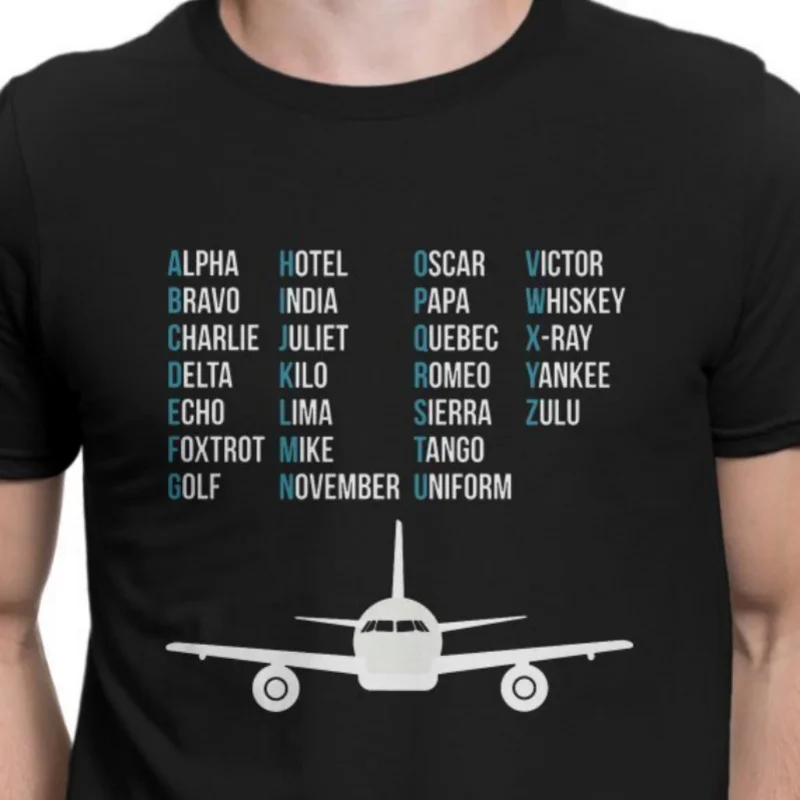 alfabeto fonético, regalo de piloto de avión, para amantes de la aviación, camisetas Unisex de algodón con cuello redo