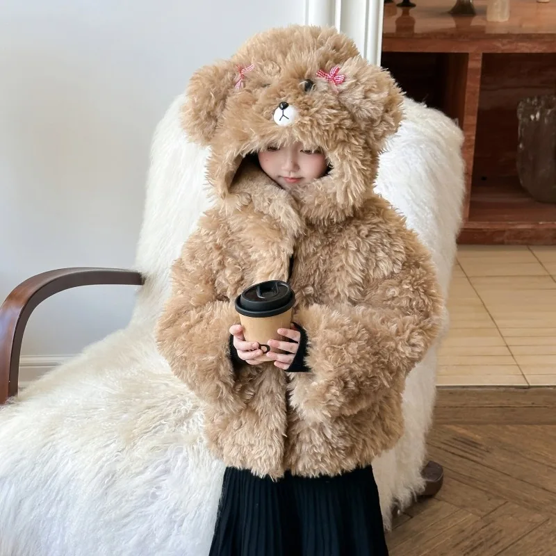 Children's Cotton-padded Clothes 2026 Winter New Girls' Cute Bear Imitation Lamb Wool Fleece Fur Coat Fluffy Clothes