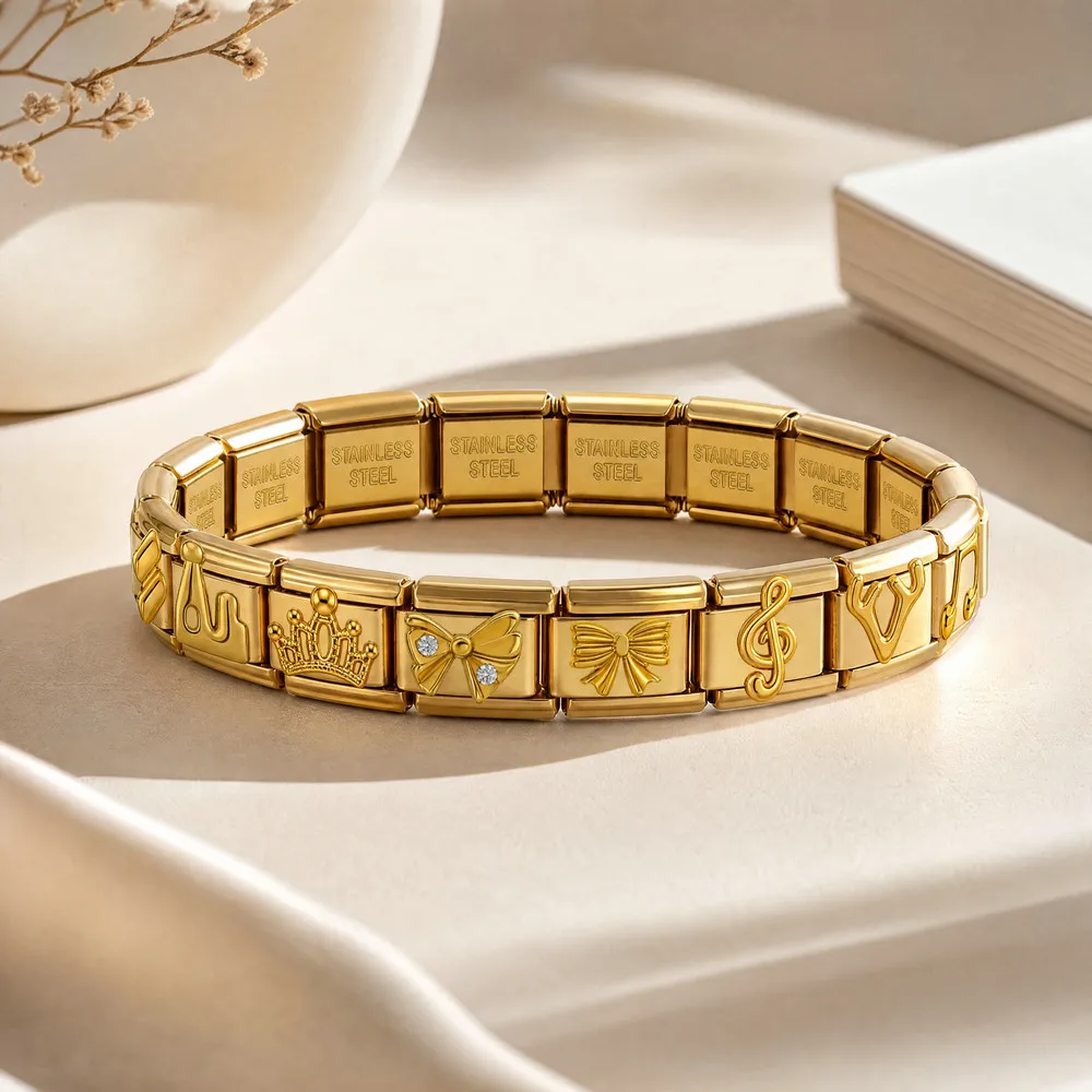 URING Goldfarbene Musik-Kronen-Schleifen, italienische Gliederkette, passend für 9-mm-Charm-Anhänger zur Herstellung von Perlen, DIY-Edelstahl-Modearmbändern, Schmuck – Detail 2
