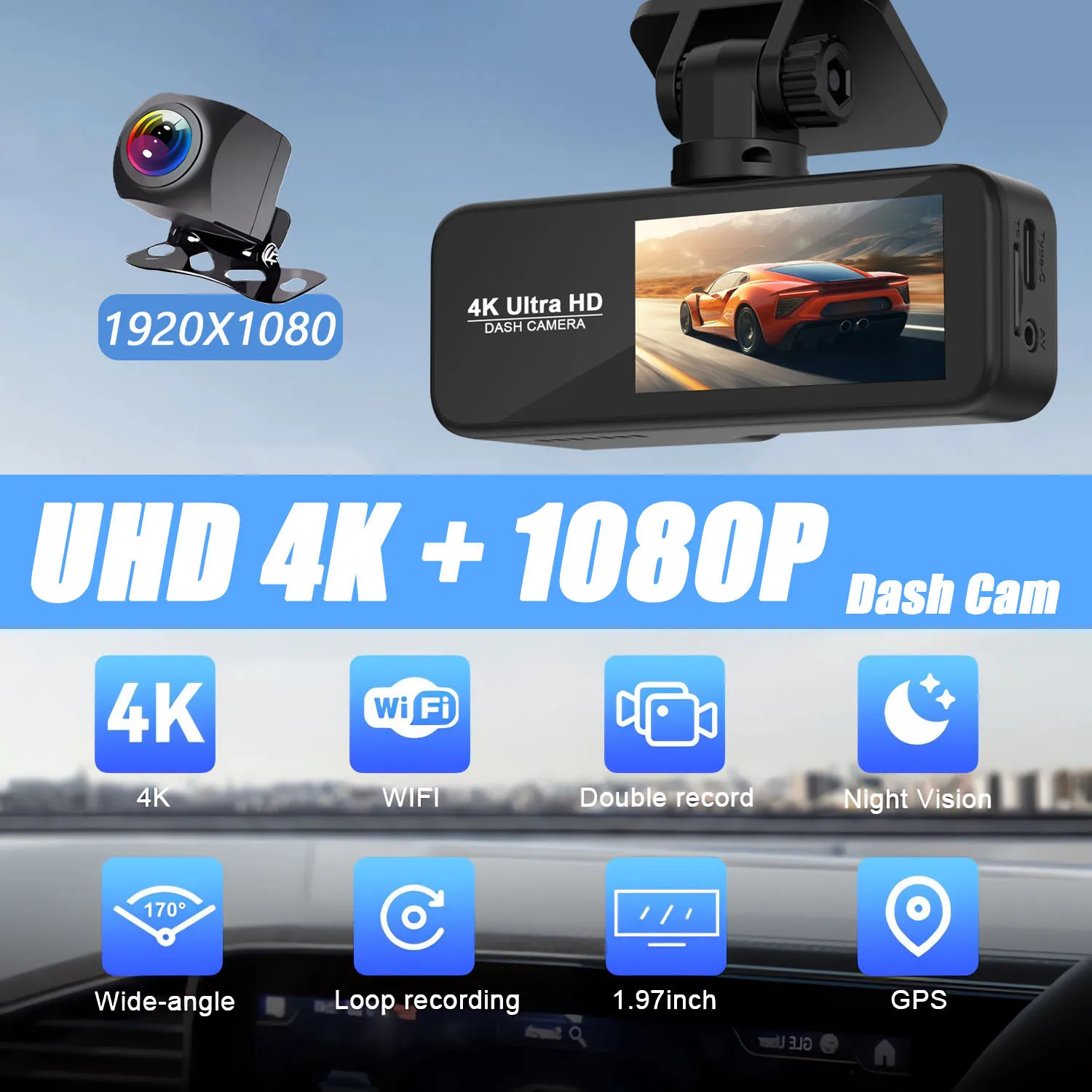 UlHD 4K 3840*2160P Dash Cam Car Camera Dual Lens Dvr 24H Parking Monitoring Night Vision  Supports WiFi GPS Video Drive Recorder