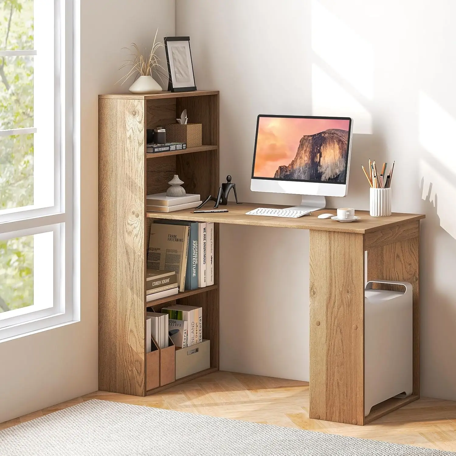 

Computer Desk With 6 Storage Shelves - 48" Reversible Writing Desk Workstation With Bookshelf And CPU Stand, Modern, Customized