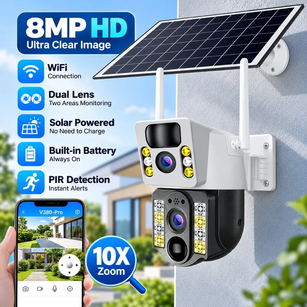 8MP 4K Wifi Wireless Solar Camera Outdoor Dual Lens PIR Night Vision CCTV Auto Tracking Alarm Security Protection IP Cameras