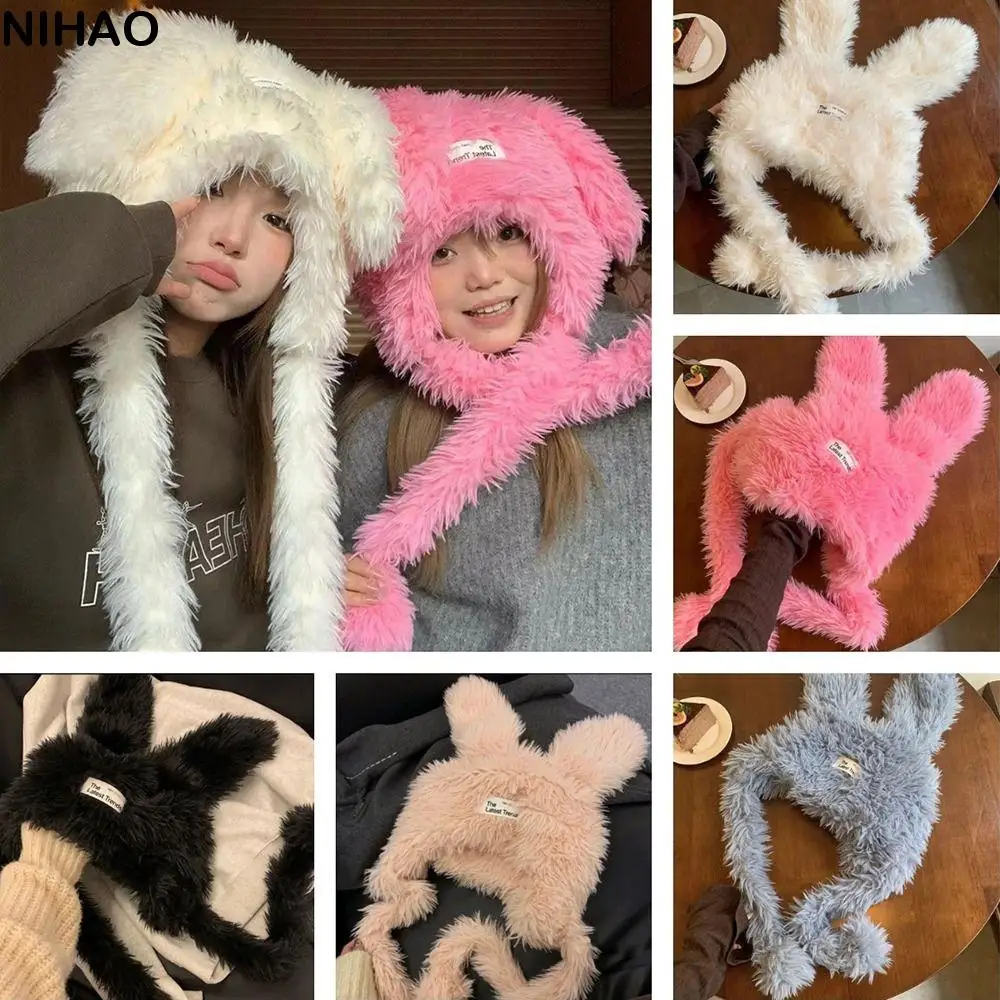 Sweet Long Rabbit Ears Fuzzy Bunny Hat Keep Warm Cute Women's Plush Caps Thickened Windproof Winter Beanies Hats Girls