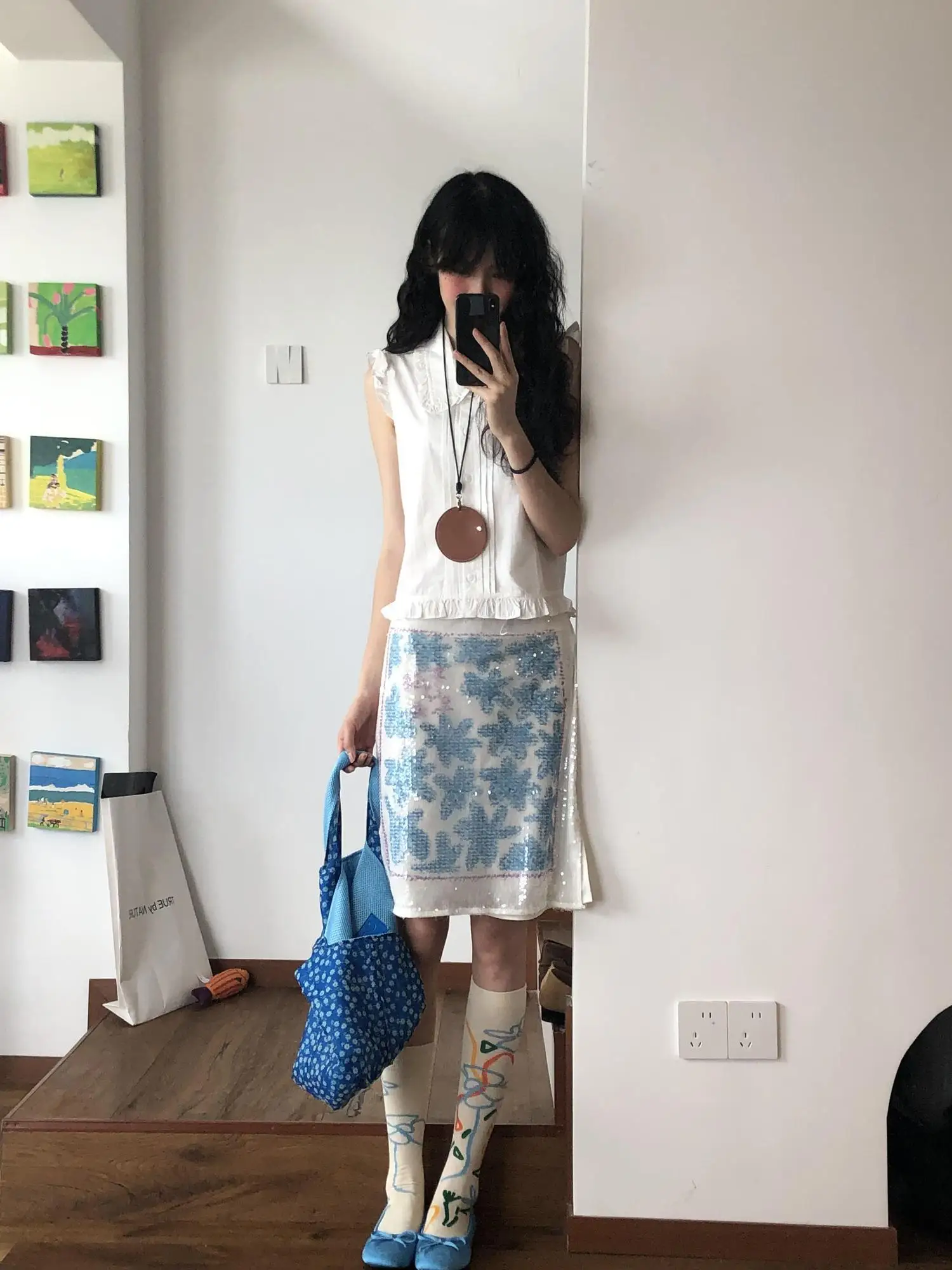 2026 Summer New Slit Sequin Printed Water Gloss Skirt Women's High-end Versatile