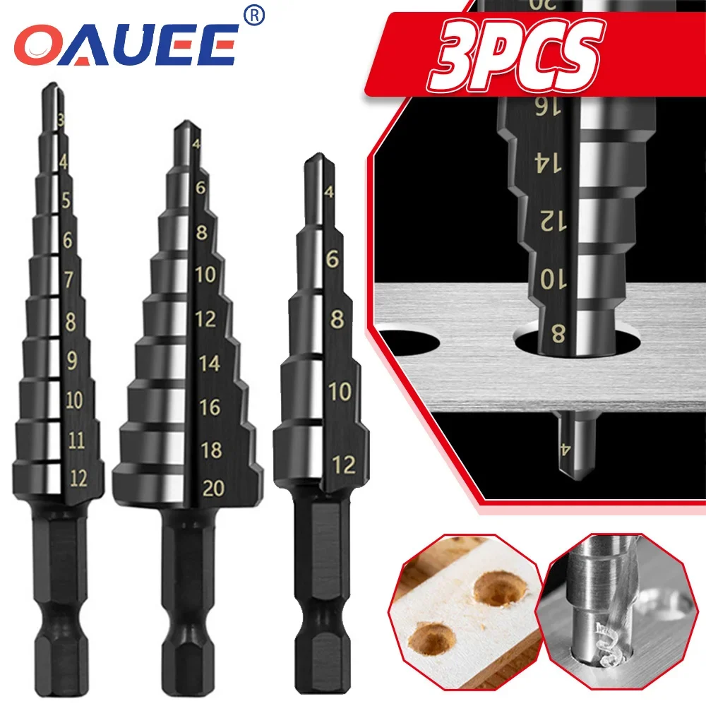 

3Pcs HSS Straight Groove Step Drill Bit 3-12mm 4-12mm 4-20mm Nitride Black Hex Wood Metal Hole Cutter Core Drilling Tools Set