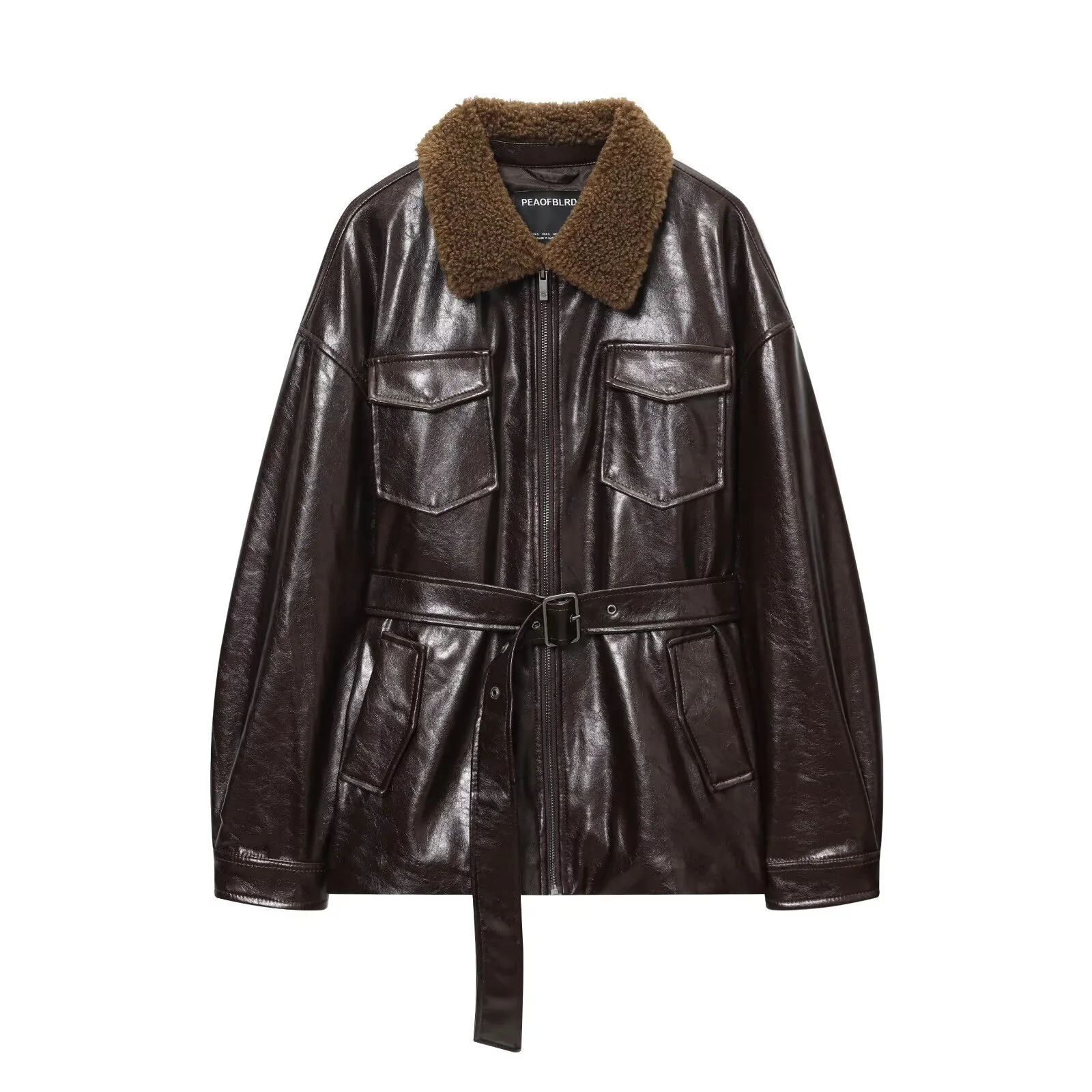 Winter New Women's French Fold Collar Long Sleeve Zipper Decoration Coated Buckle Jacket Coat