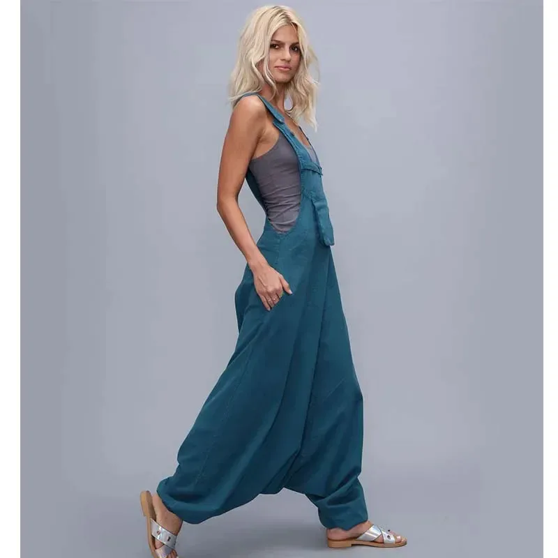 

Women's Halter Jumpsuit Sleeveless Harem Pants Side Pocket Loose Workwear Long Jumpsuits Casual Cloth Female Vintage Rompers