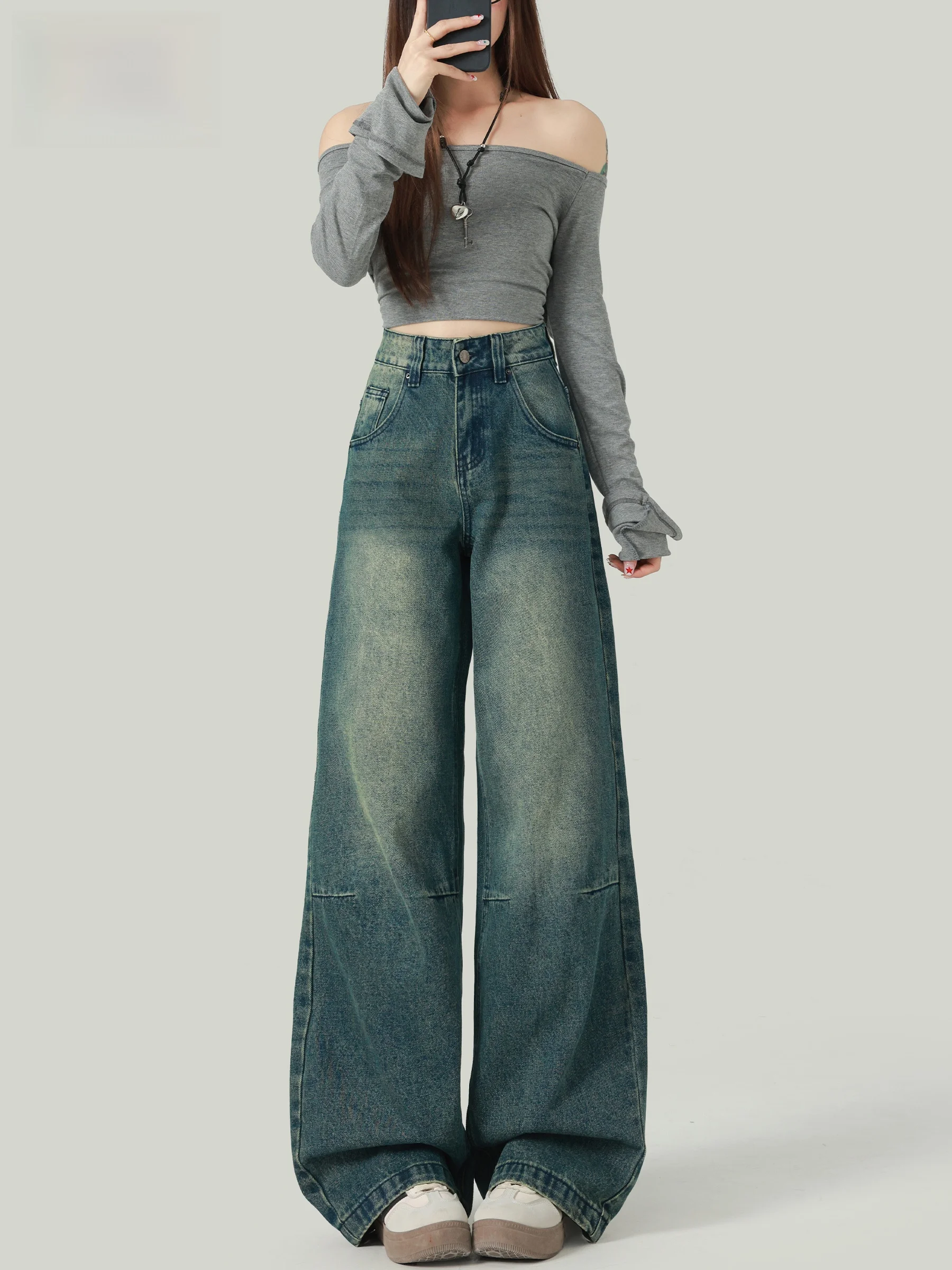 

Джинсы с высокой талией в американском стиле, широкие джинсы из денима, женские свободные джинсы с эффектом похудения, винтажные прямые брюки, осенняя мода