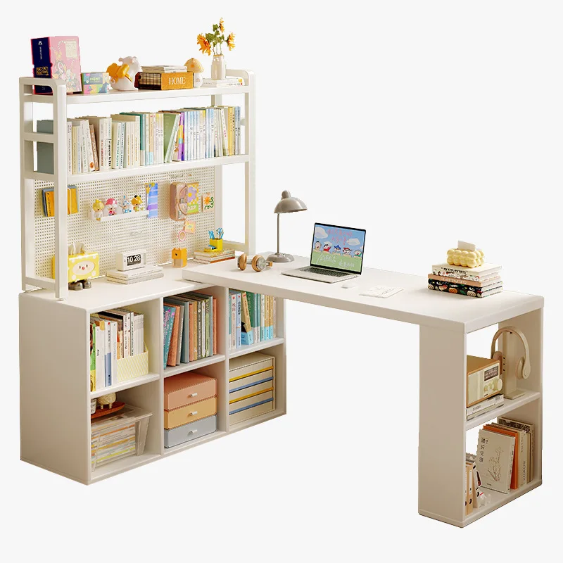#Corner desk Bookshelf Integrated table Household children's study table Bedroom solid wood L-shaped computer table with hole