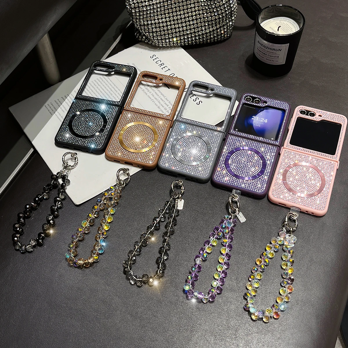 Luxury Bling Diamond Magnetic Crystal Bracelet Chain Strap Phone Case Cover For Samsung Galaxy Z Flip 6 5 4 3 5G F7110 F7070