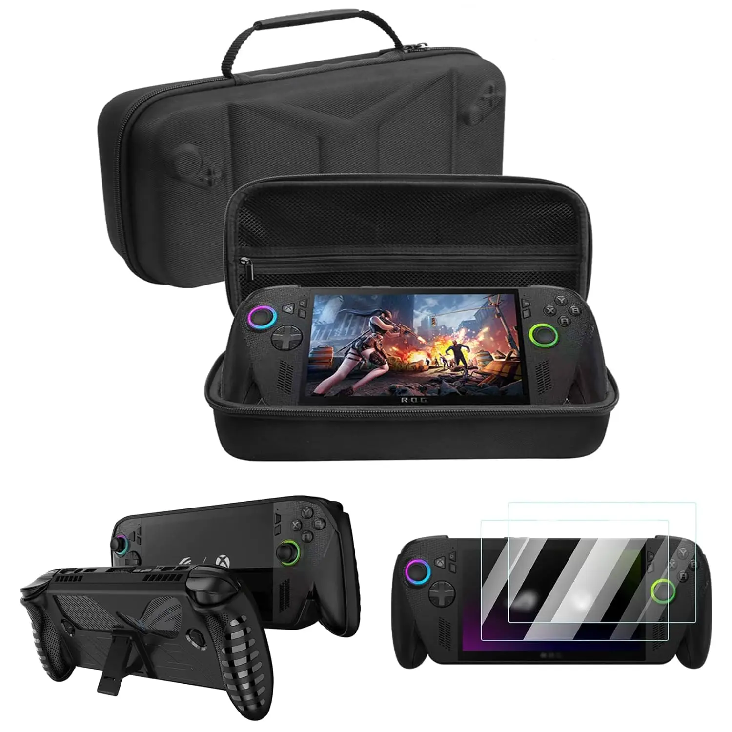 

Комплект защиты 4-в-1 для Rog Xbox Ally X 2025 - чехол из ТПУ с подставкой, сумка для переноски и 2 защитных стекла из закаленного стекла, совместим с