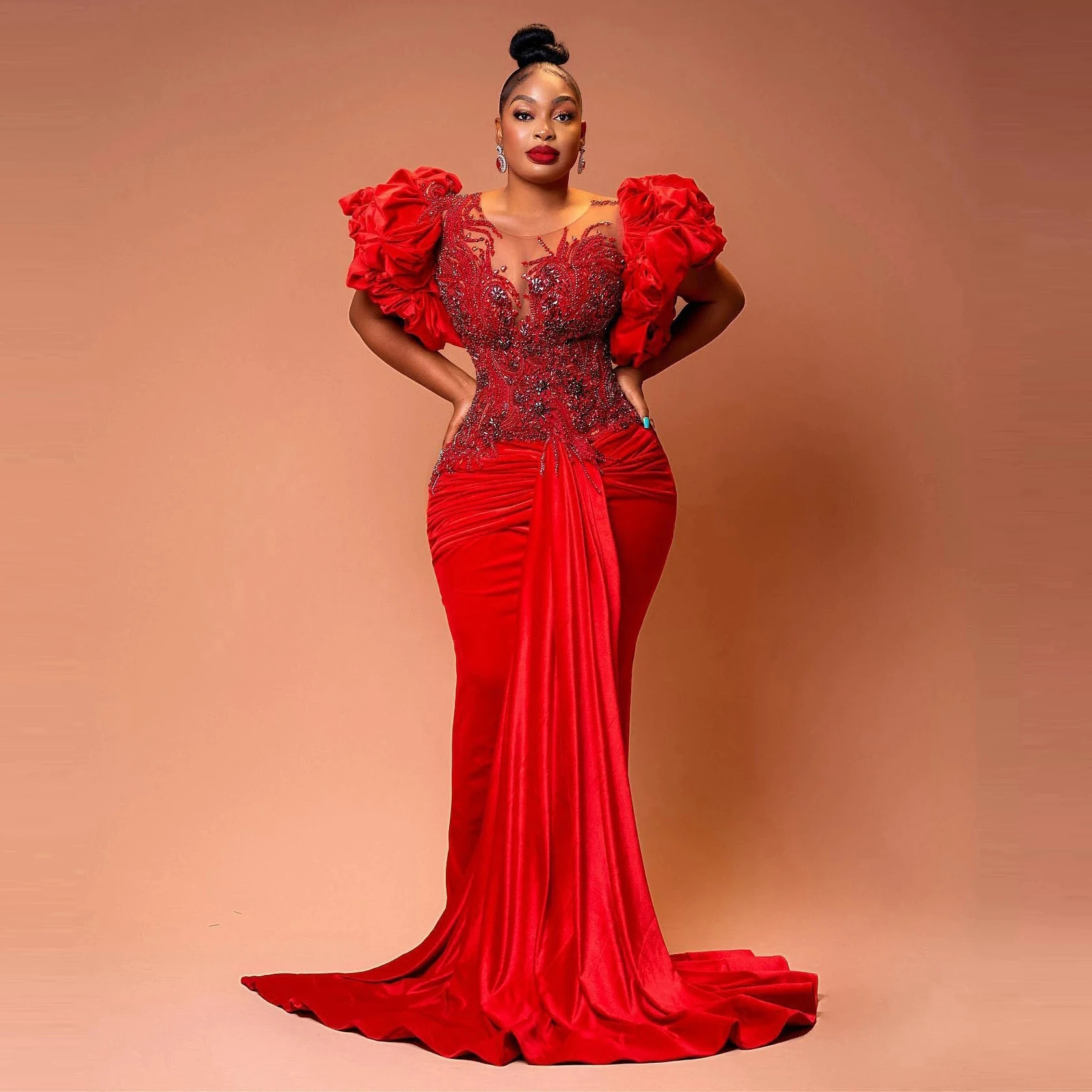 Plus Size African Red Velvet Evening Dresses with Ruffled Puff Sleeves Beaded Mermaid Prom Gown Aso Ebi Wedding Reception Dress