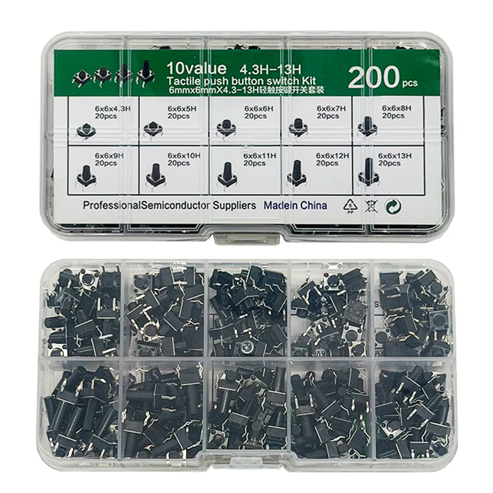 200PCS 6x6cm Light Micro Touch Switch Set 10 Types Push Button Kit Assortment for DIY Tools ON/OFF Tact Switches