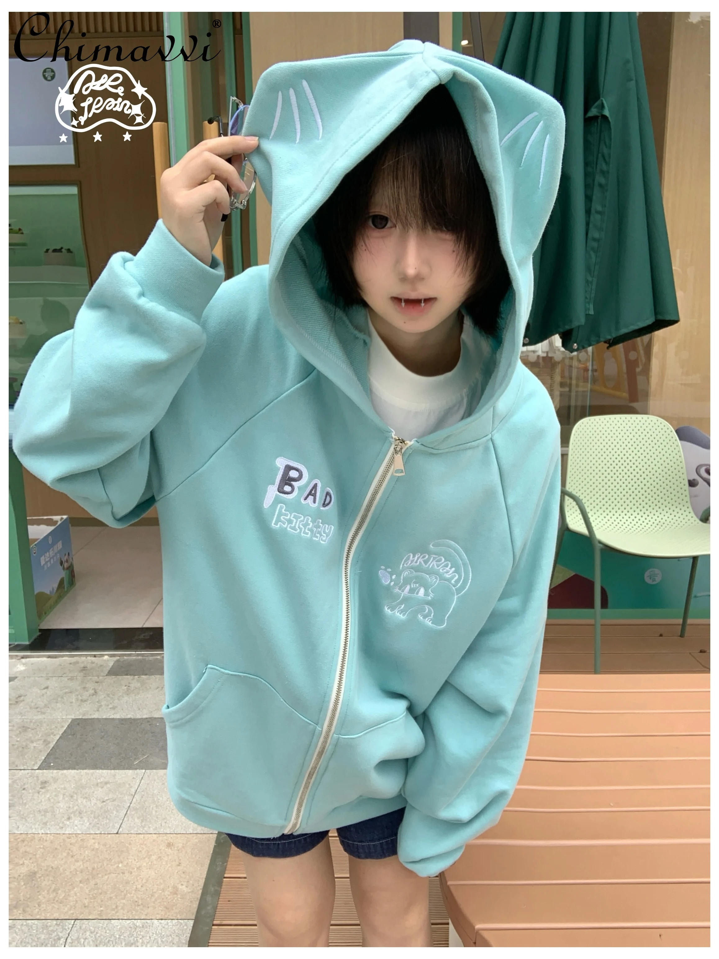 Original Design Kawaii Cat Print Coat Autumn New Cute Cat Ears Pure Cotton Loose Long-sleeved Student Girl Y2k Hooded Sweatshirt