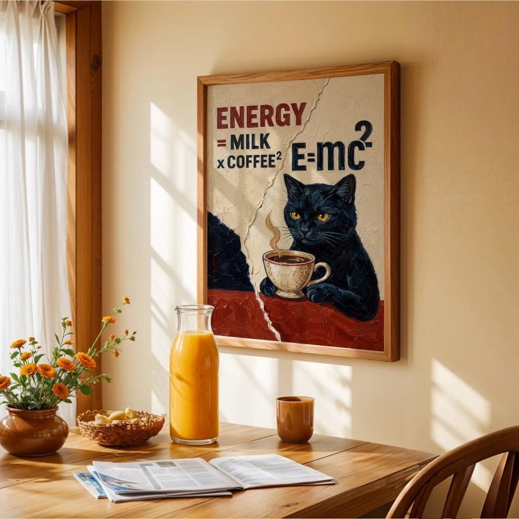 Modern Funny Coffee Cat Poster Energy Milk Coffee Canvas Wall Art Cute Black Cat Kitchen Decor Poster Living Room Decor Poster