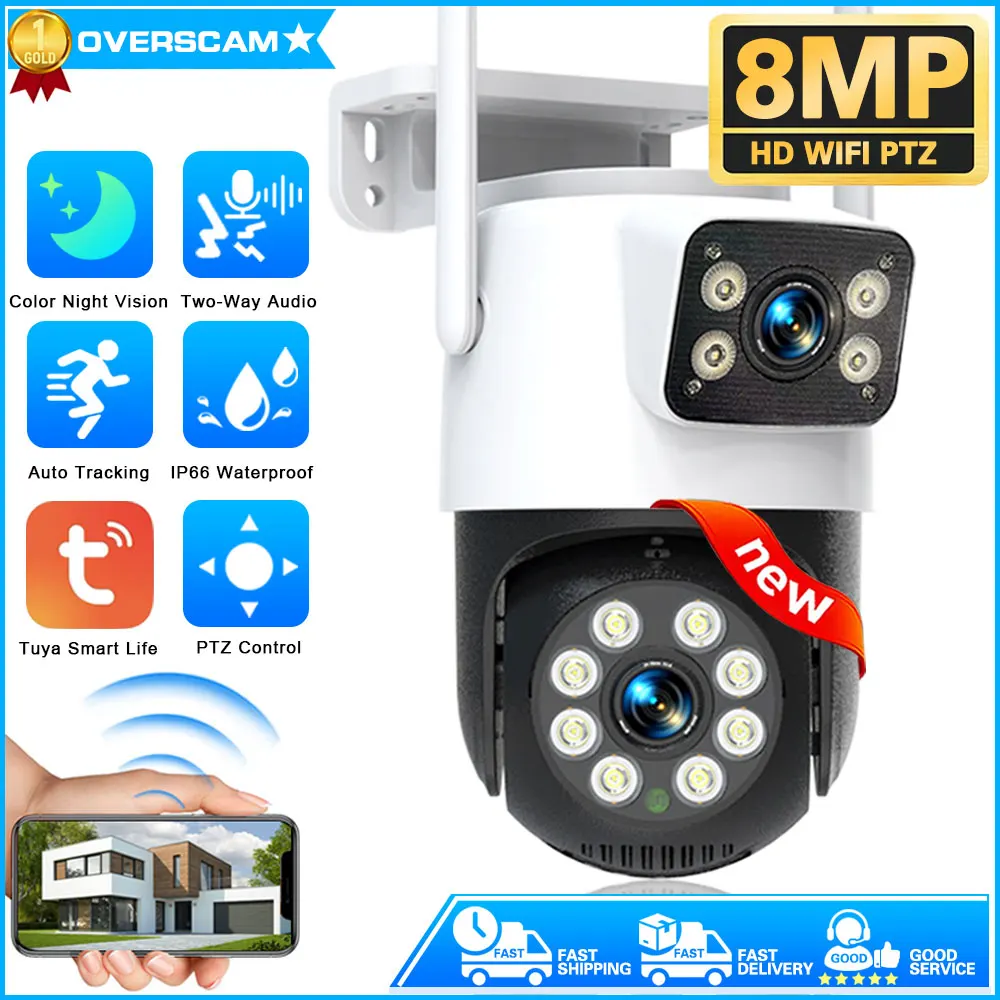 

Wifi Surveillance Cameras 8MP Waterproof Outdoor Wireless Security Camera Dual Lens Security-Protection Tuya IP Camera AI Track