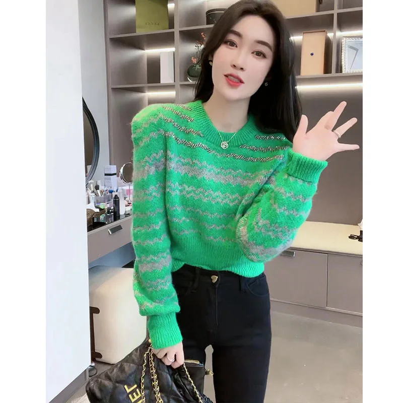 

Retro Striped Color Blo Heavy Knit Sweater Women's Loose Design Korean Sle round Ne Long Sve Top for Autumn Winter
