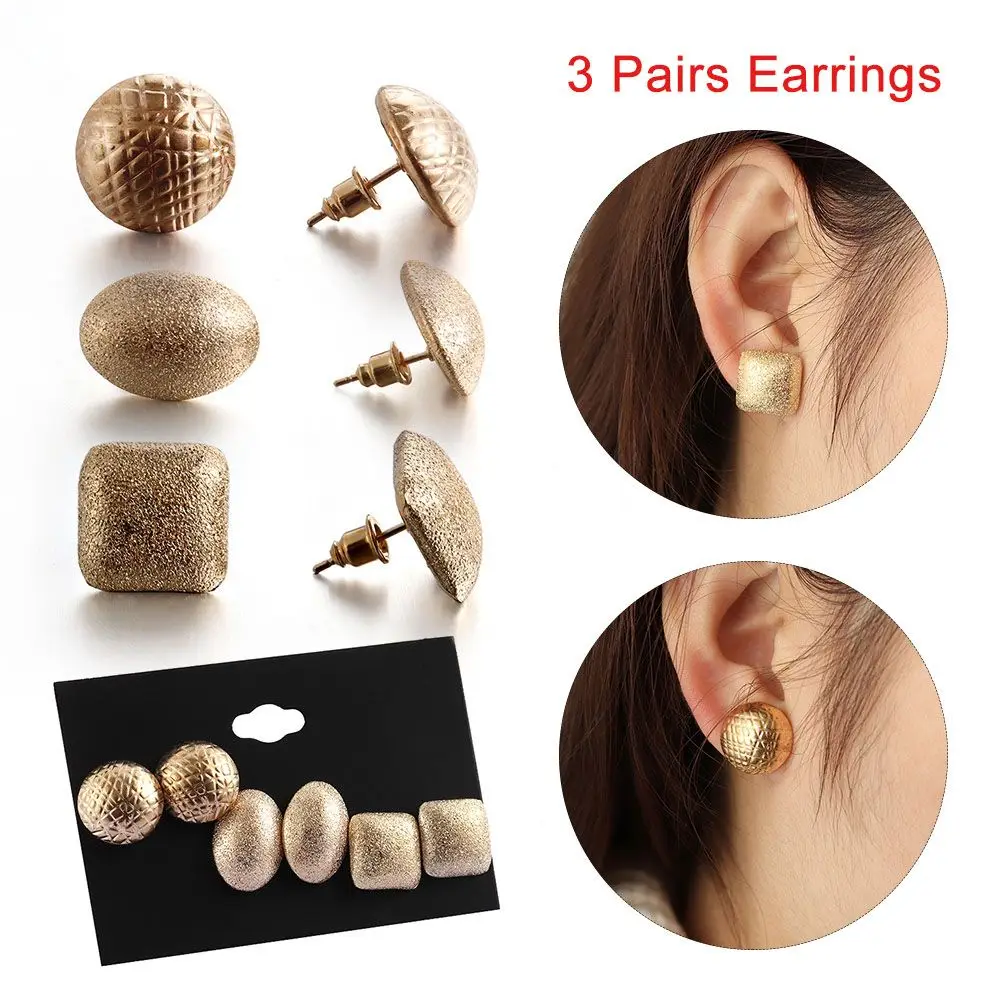 Vintage Gold Color Scrub Gift Wedding 3 Pairs/set Fashion Accessories Jewelry Ear Studs Earrings Set