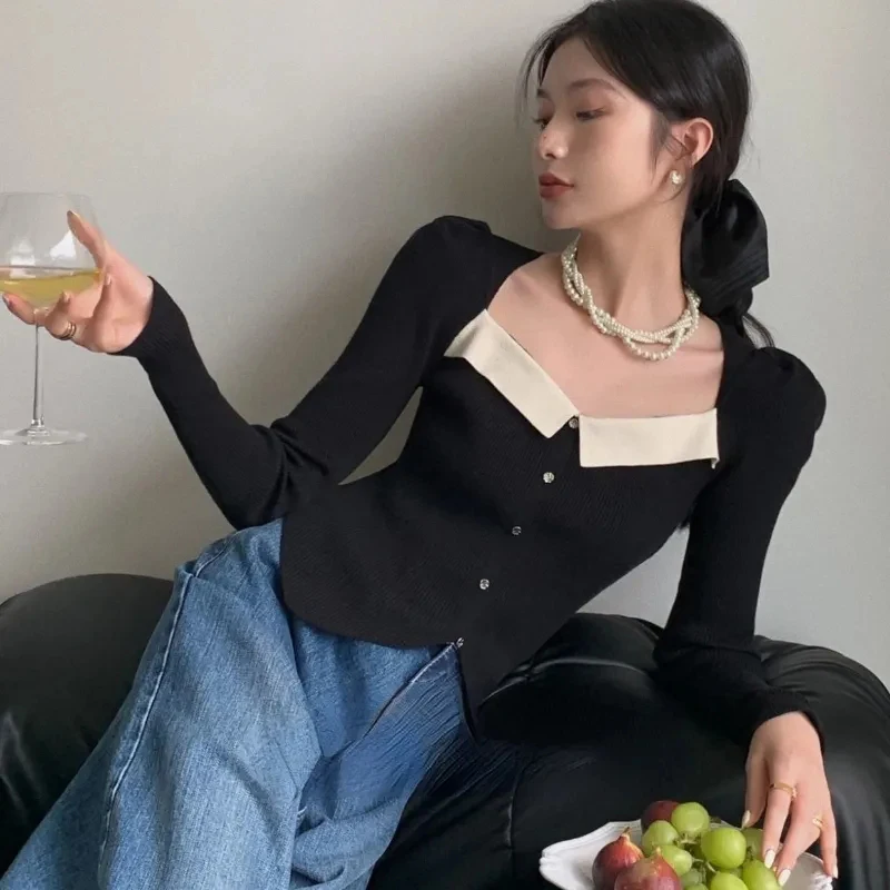 Women Knitted Sweater Square Collar Elegant Slim Pullovers Split Slim Short Bottom Long sleeved Top Fashionable Patchwork