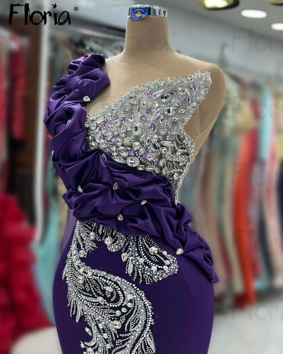 Haute Couture abito da sera formale viola fiori 3D cristalli d'argento Dubai donne matrimonio ospite Prom Gonws abiti da Cocktail Party