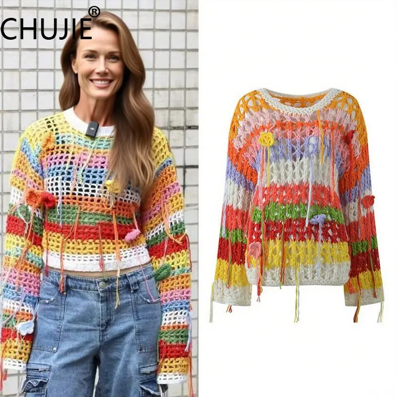 

CHUJIE Осень 2025 Цветной вязаный топ в полоску, вязанная крючком кружевная бахрома, ажурная свободная модная блузка