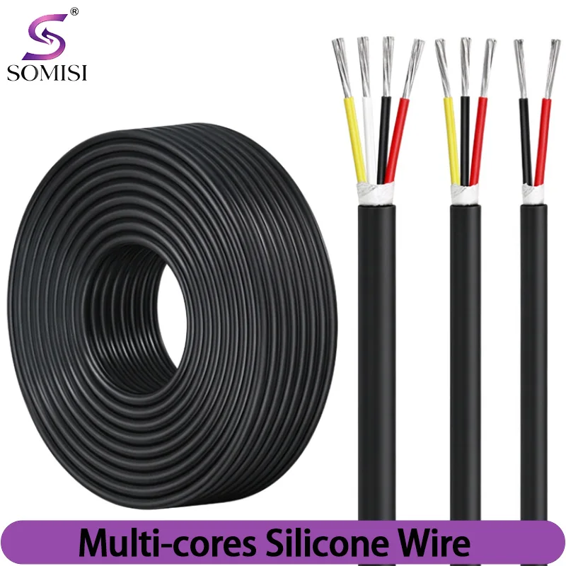 1/3/10M Multi-Core Silicone Wire Square 0.3~6mm 2/3/4/6 Cores Soft High Temperature Resistant Rubber Insulation Copper Cable
