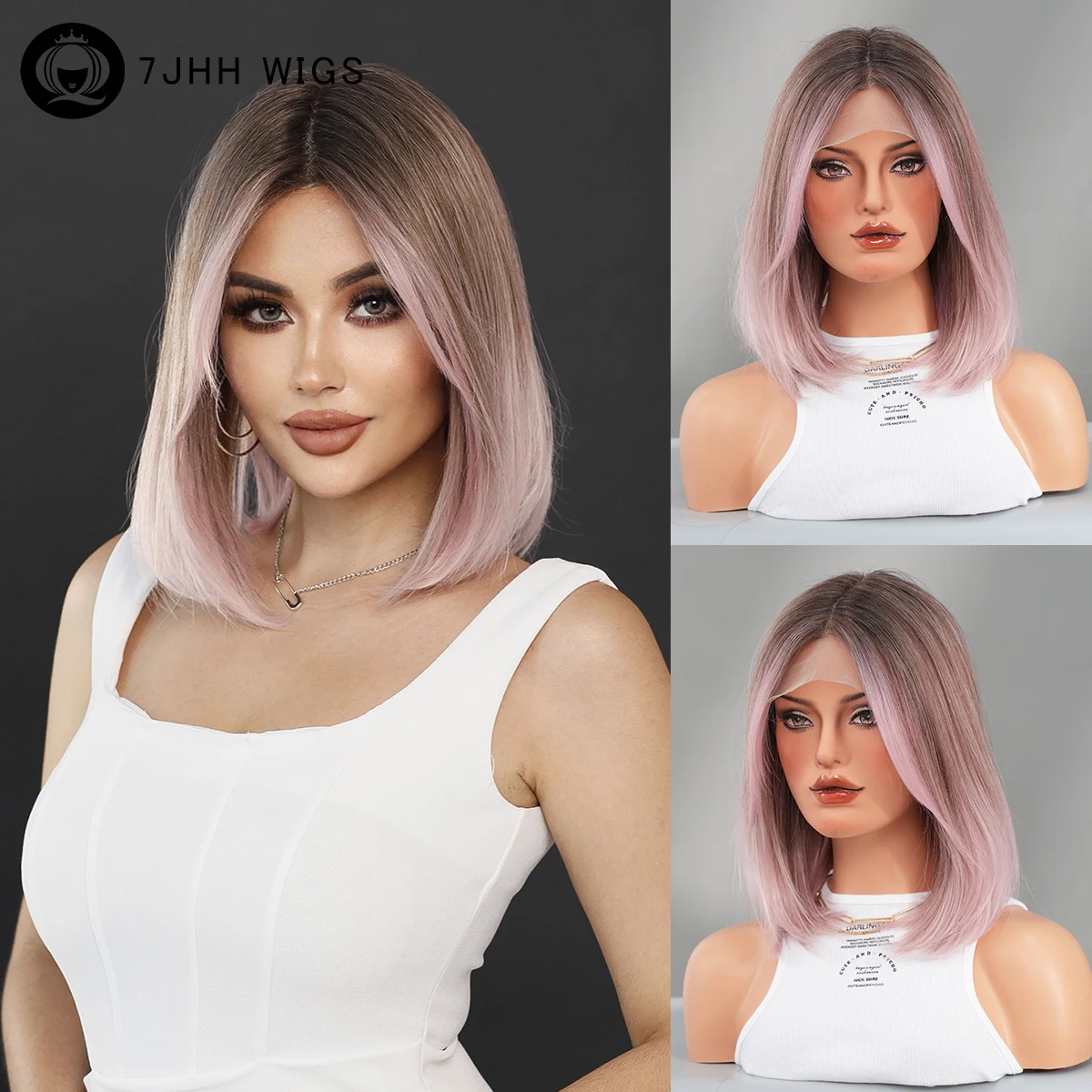 Perruque Synthétique Courte et Lisse avec Racines Foncées, Lace Front Wig Transparente HD, Lace T Part, Bob, Rose, Brun, Haute Densité