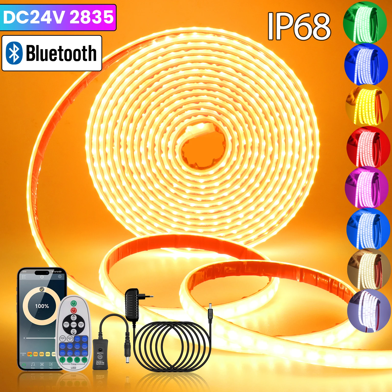 

Bluetooth APP Dimmable 24V LED Strip IP68 Waterproof 2835 120LEDs/m Flexible Light Tape Warm Natural White Red Blue Green Pink