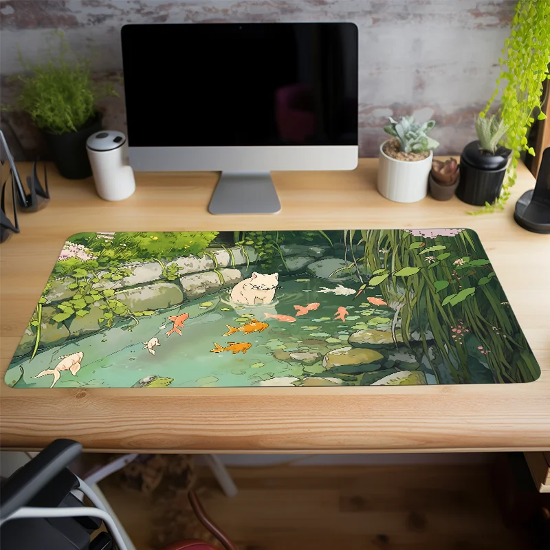 Cute Cartoon Cat Fish Mouse Pad Green Large Computer Keyboard Pad Natural Rubber Anti-Slip Pad Perfect Gift for Girlfriend Women