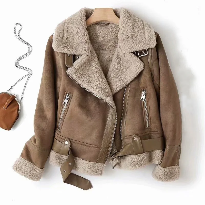 

TEELYNN Casual Winter Jackets for Women Vintage Lapel Long Sleeve Zipper Coats 2022 Loose Solid Luxury Suede Motorcycle Jacket