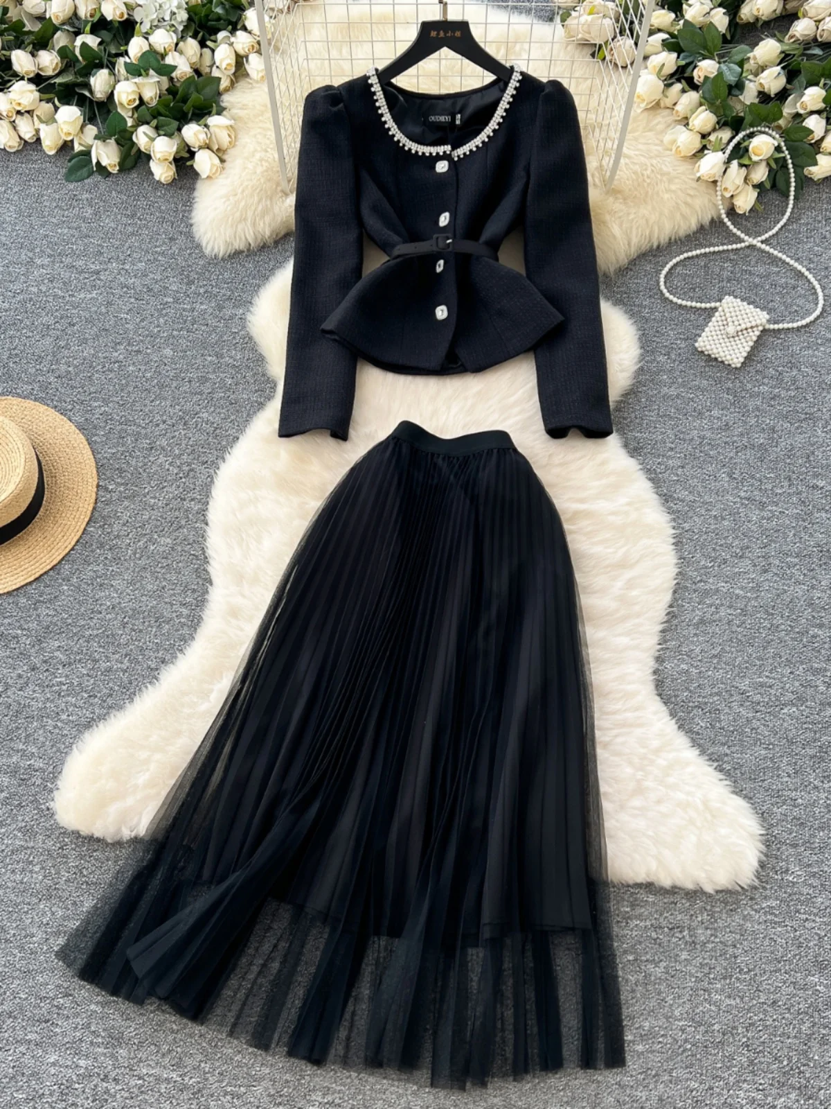 

Ele round Ne Pearl Embellied High Waist Me Pleated Skirt Set Women's Faion Spring Collection