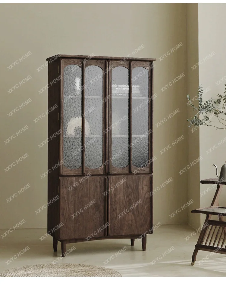 

solid wood floor-to-ceiling bookshelf light luxury simple black walnut glass door bookcase