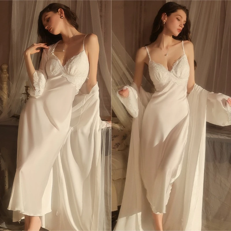 

Lace Floral Robe Gown Set Female V-Neck Kimono Suit Sexy Ice Silk Intimate Lingerie Bathrobe Sleepwear Sling Nightgown