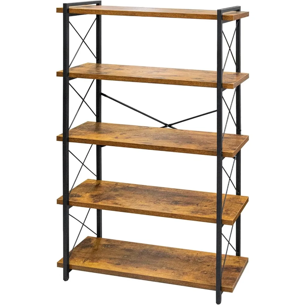 Five level industrial bookshelves, rustic open metal frame freestanding tall bookshelves