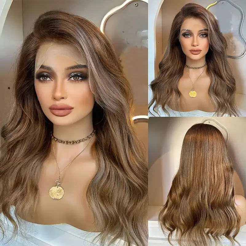 Ready To Wear 22 Inches Soft Ombre Chestnut Brown Free Part Glueless Wigs Medium Length Body Wave 13*4 HD Transparent Lace Wigs